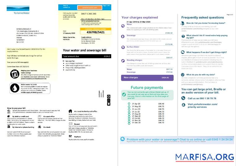 Downloadable United Kingdom Yorkshire water utility bill template in Word and PDF format (2 pages)